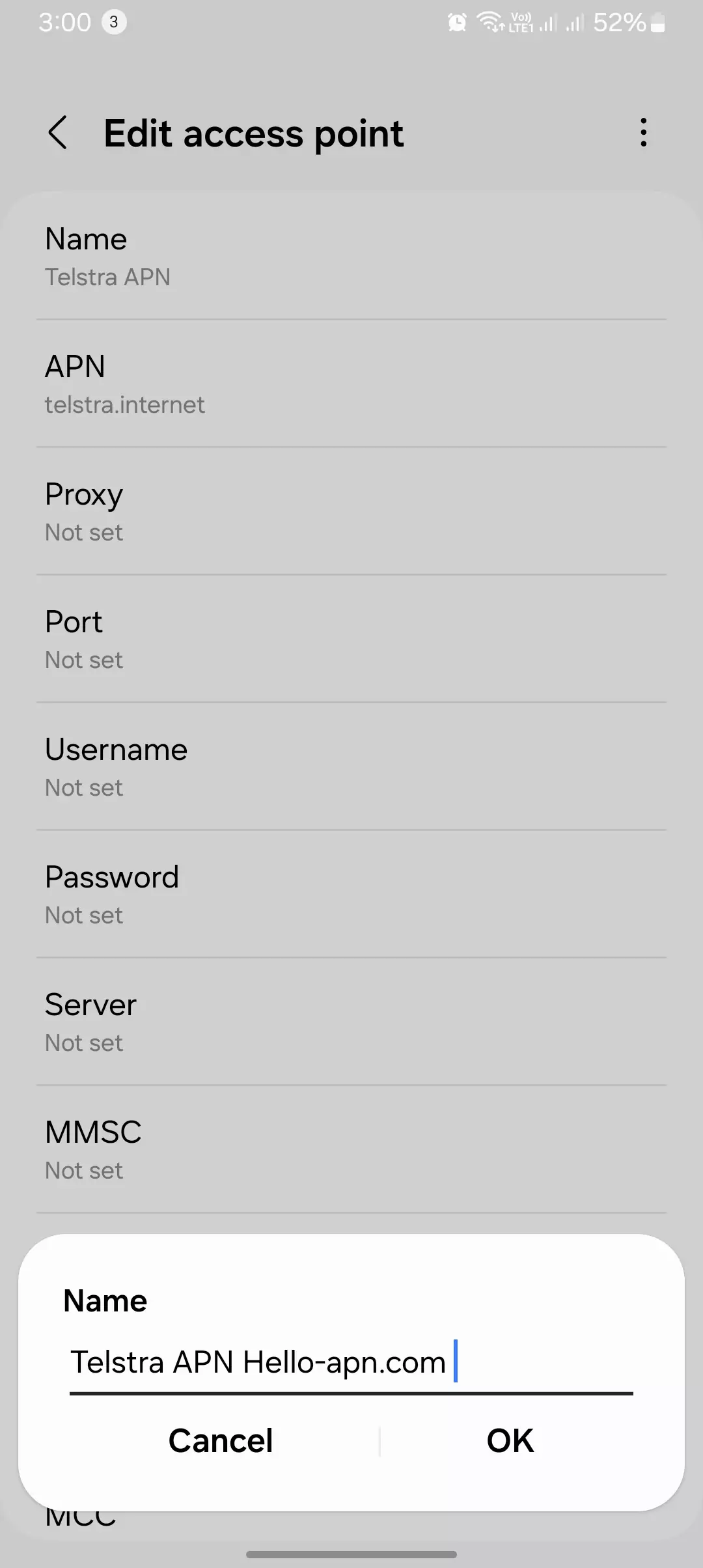 screenshot of naming or configuring the apn named telstra carrier