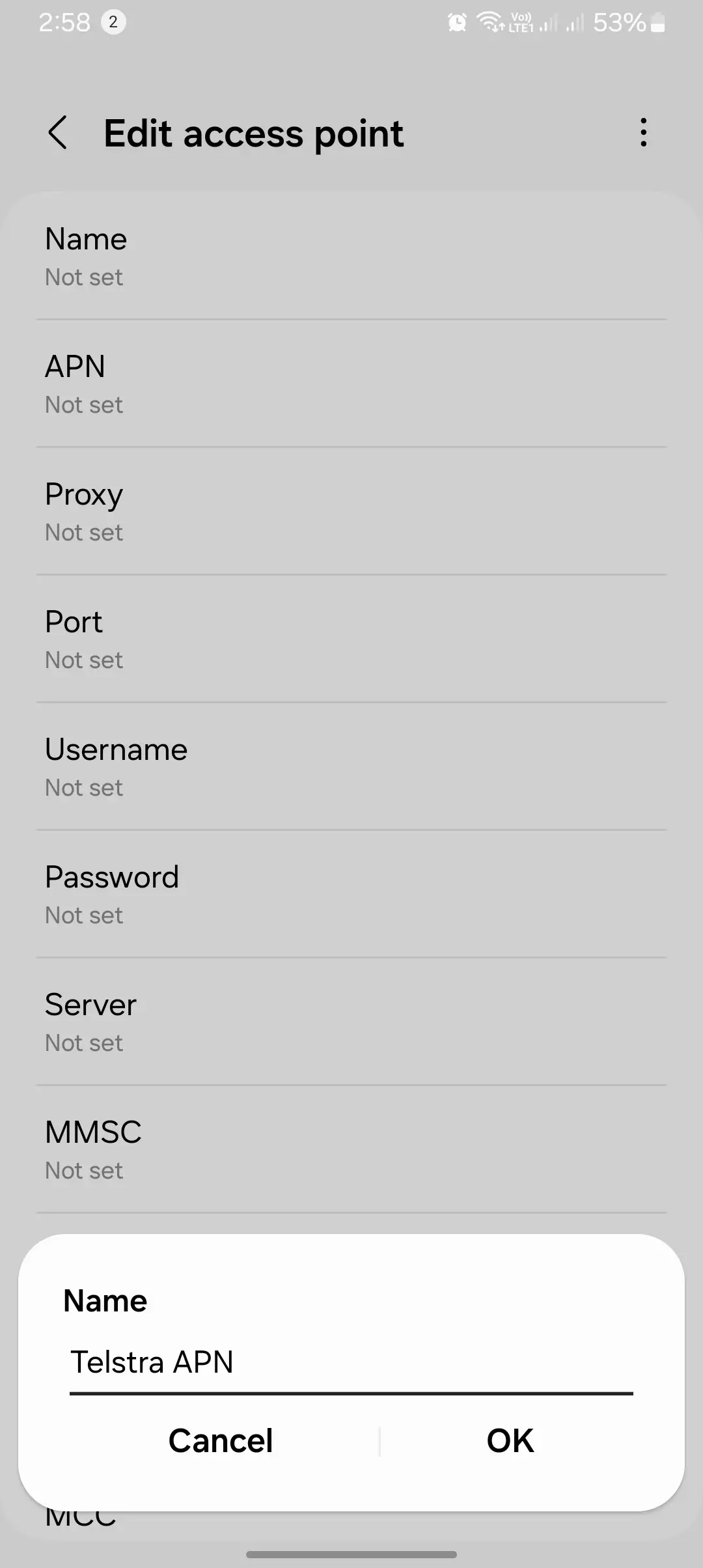 screenshot of the naming the apn for telstra