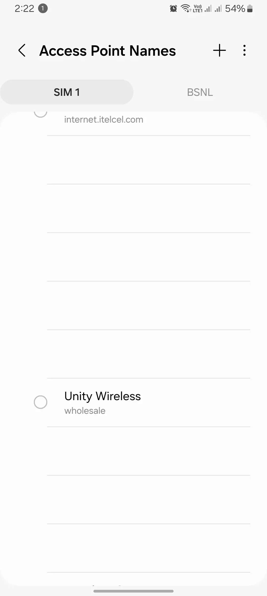 screenshot of the android settings of the access point names with unity in the list