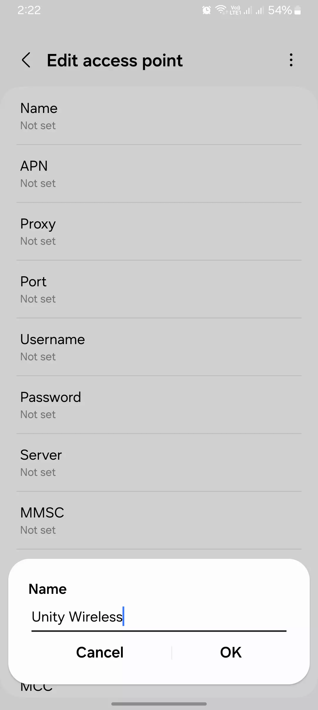 screenshot of the naming the apn for the unity wireless