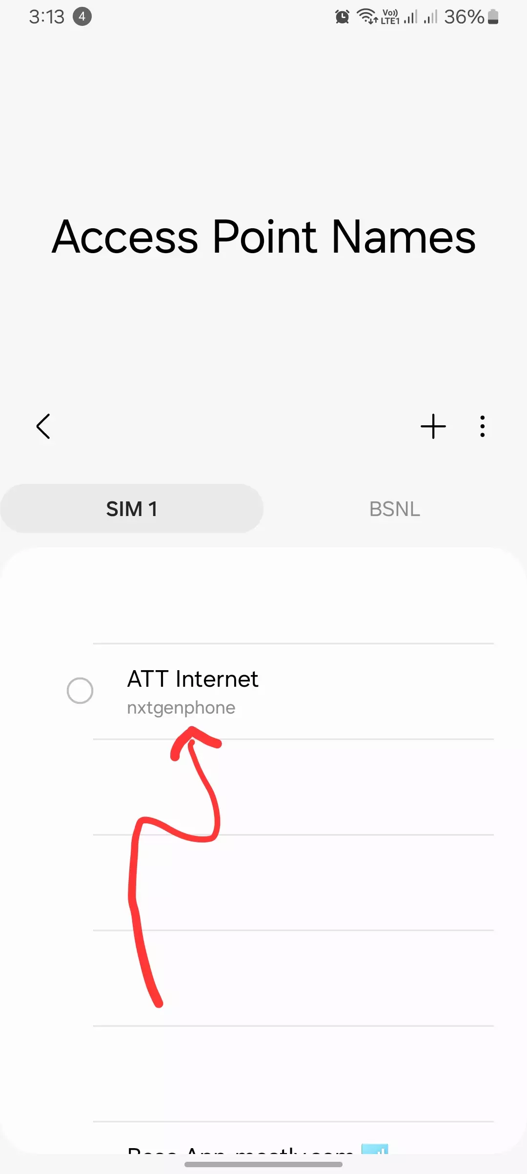 screenshot of access point names from android settings with att apn arrowed