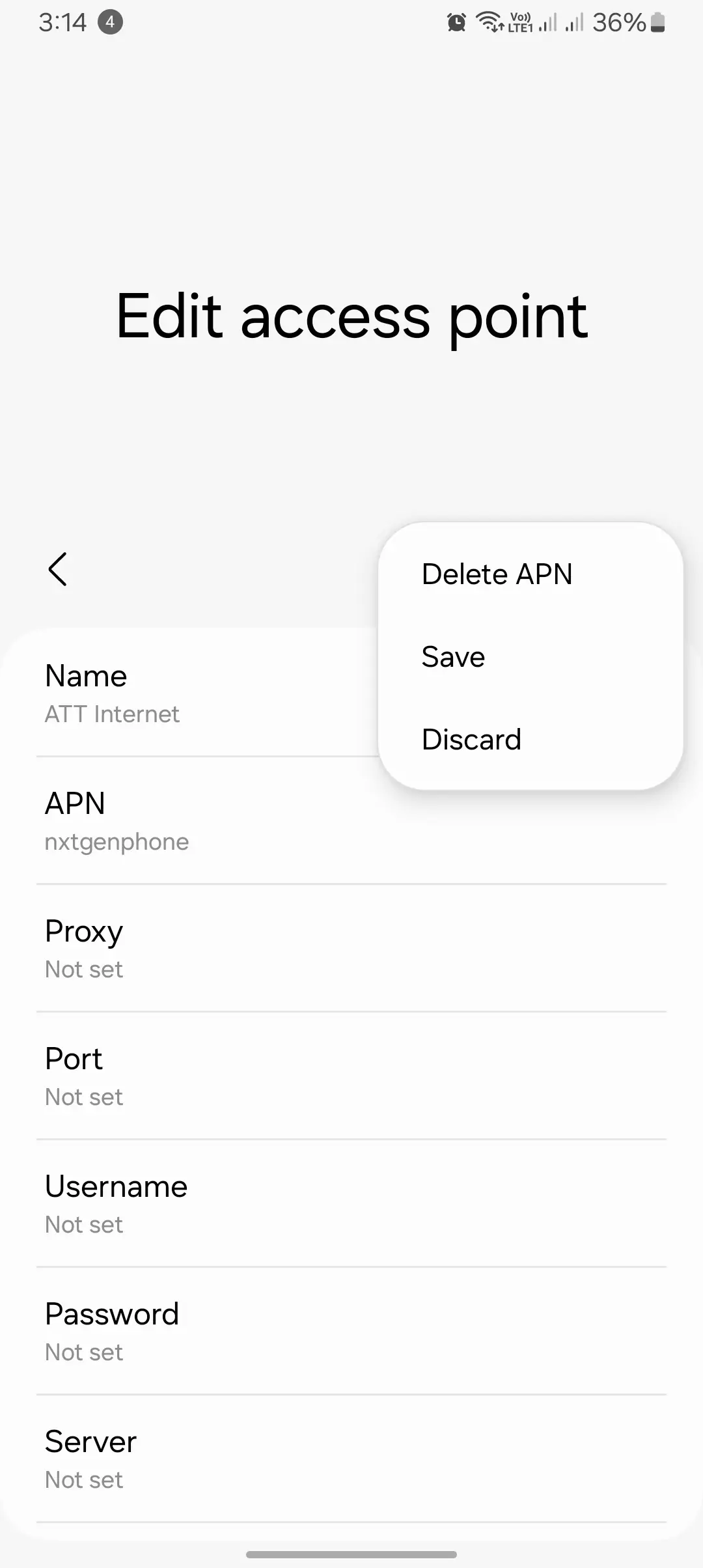 screenshot of save delete apn and discard edit access point