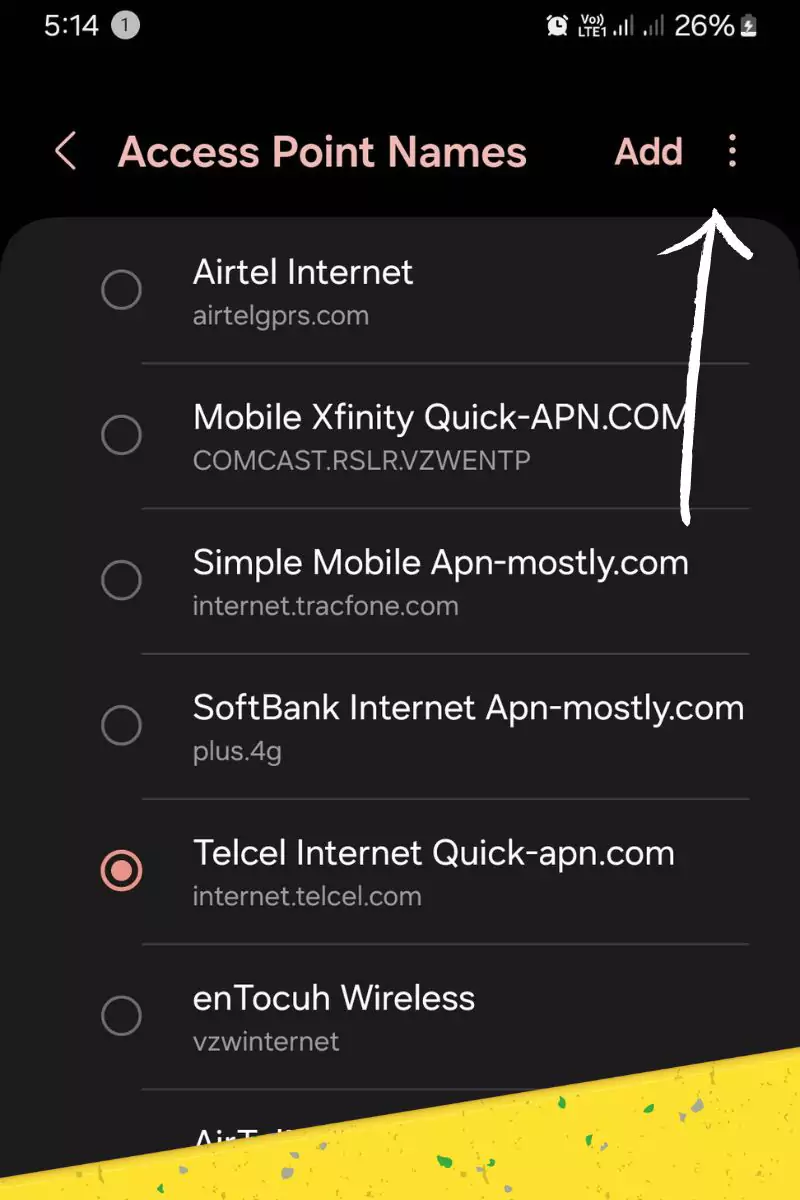 three vertical dots from access point names highlighted