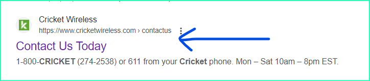 contact page for cricketwireless from google search screenshot