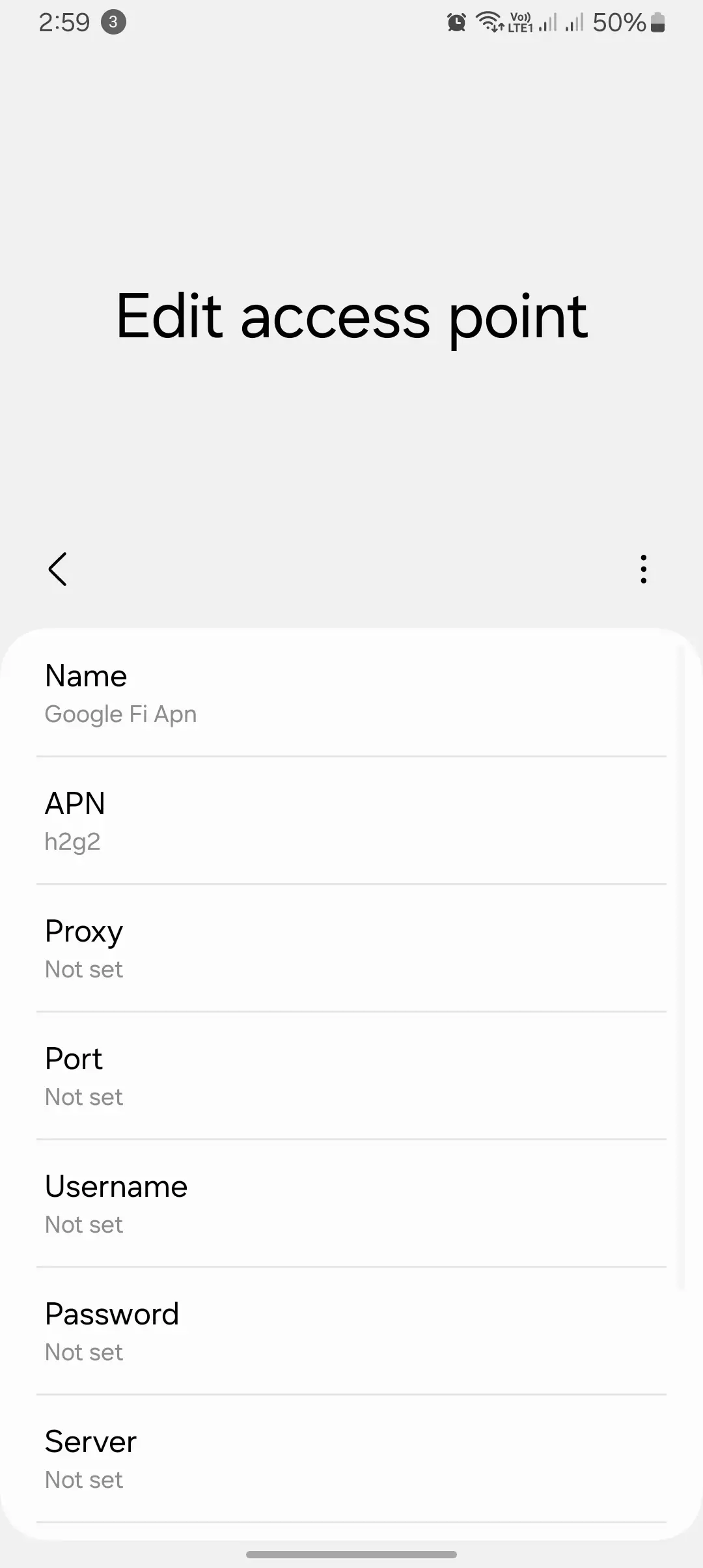 screenshot of the edit acces point for google fi internet