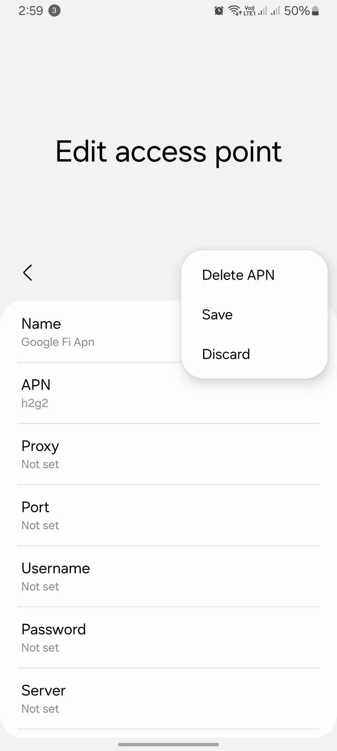 screenshot of the edit access point for the google fi apn