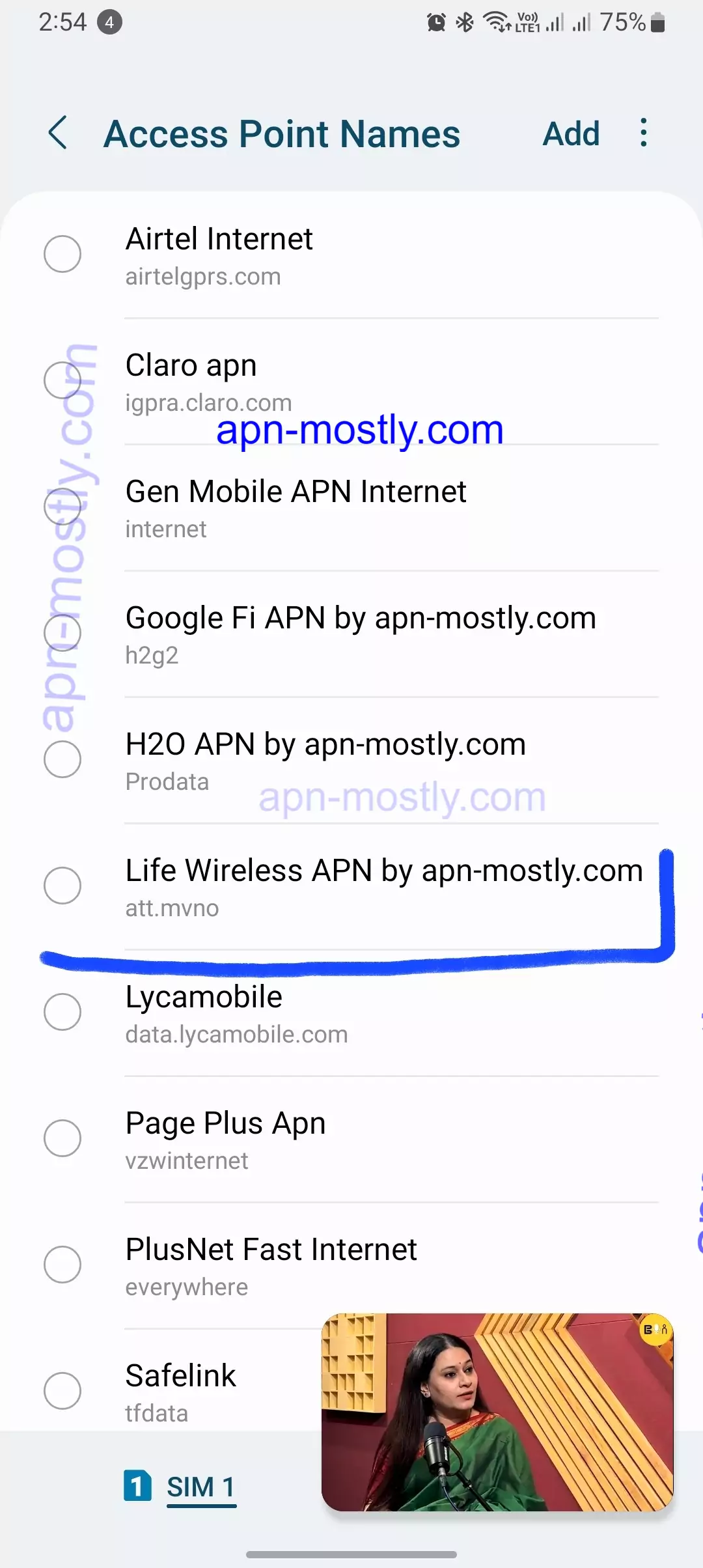 screenshot of highlighted apn for lifewireless