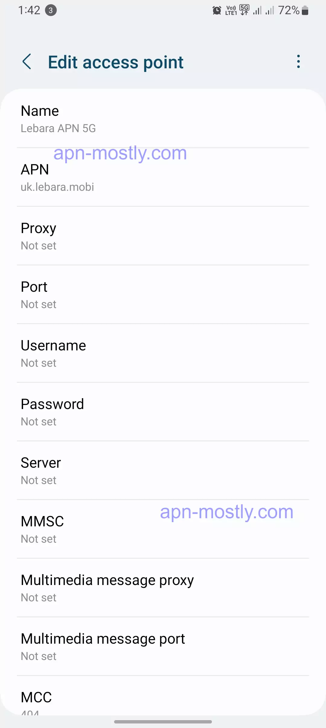 screenshot of lebara apn 5g