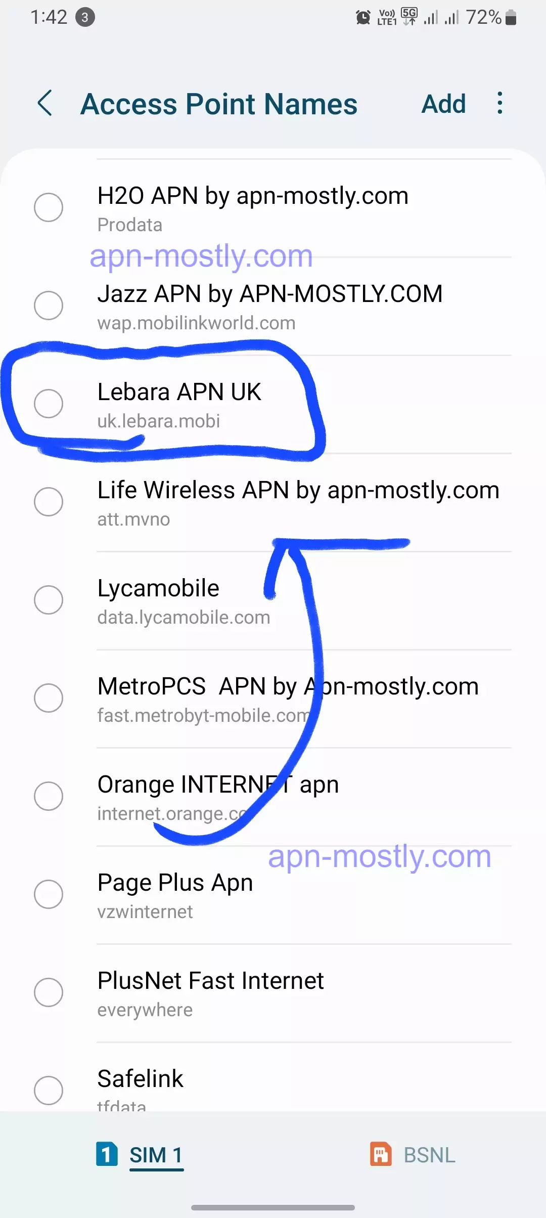 lebara highlighted apn for UK