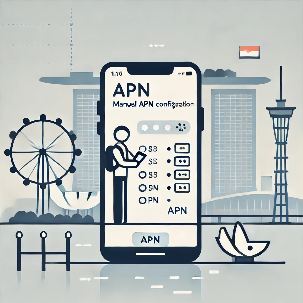 A minimalist illustration showing a traveler in Singapore using a smartphone with a local SIM card. 