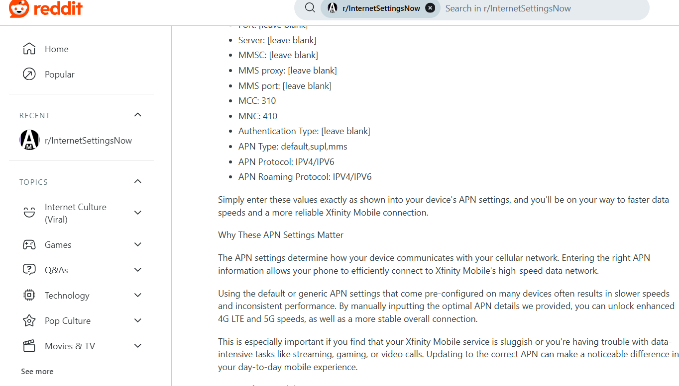 screenshot of the reddit post about some apn settings