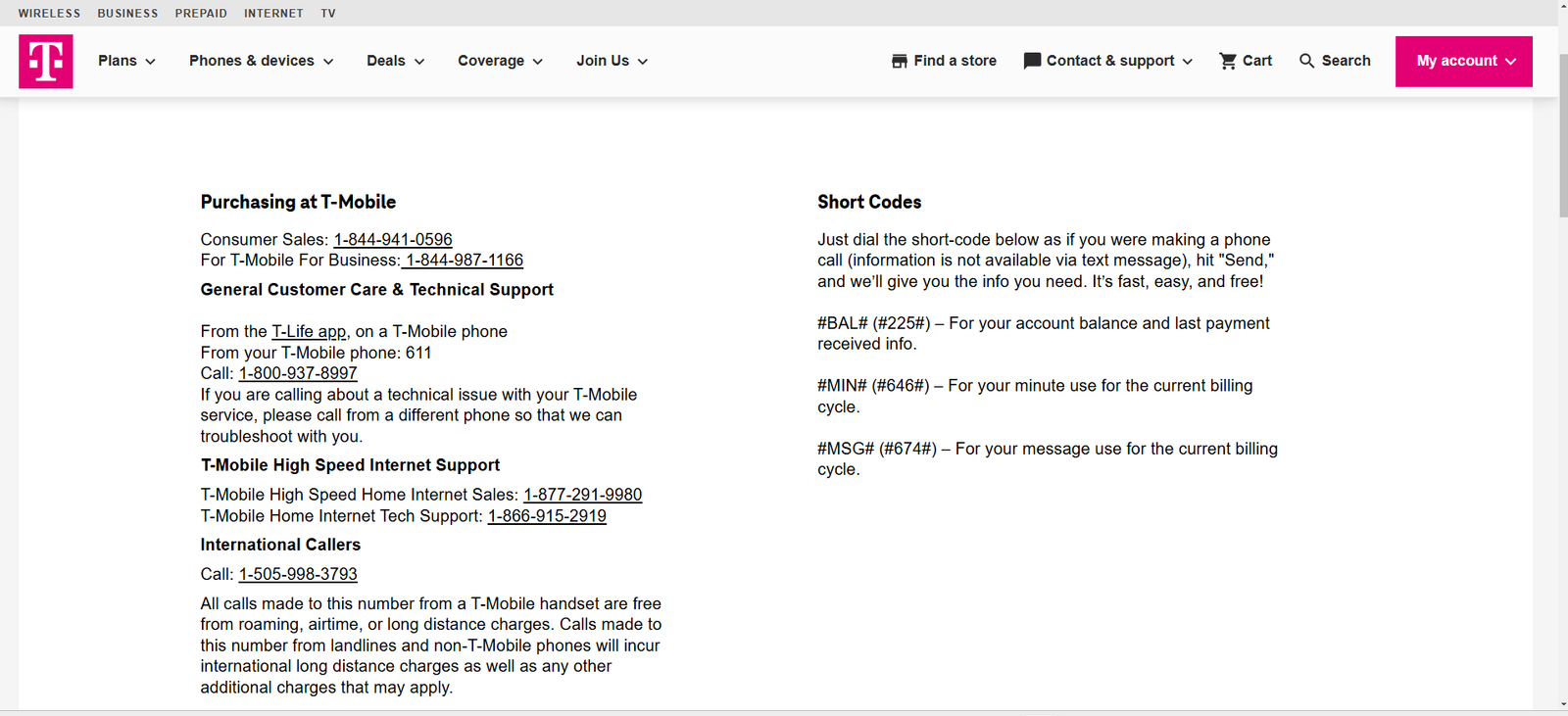 screenshot of the tmobile support page with all the numbers and details listed here