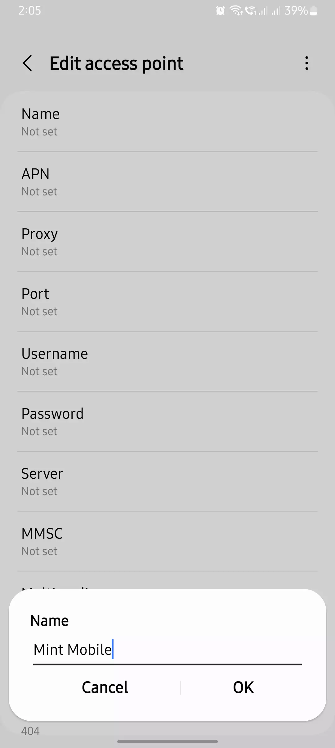 screenshot of naming mint mobile apn