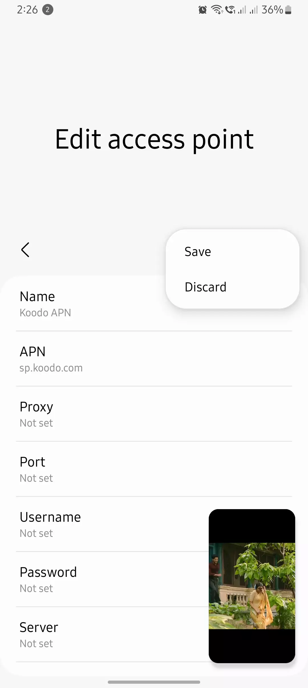 save and discard apn for koodo apn