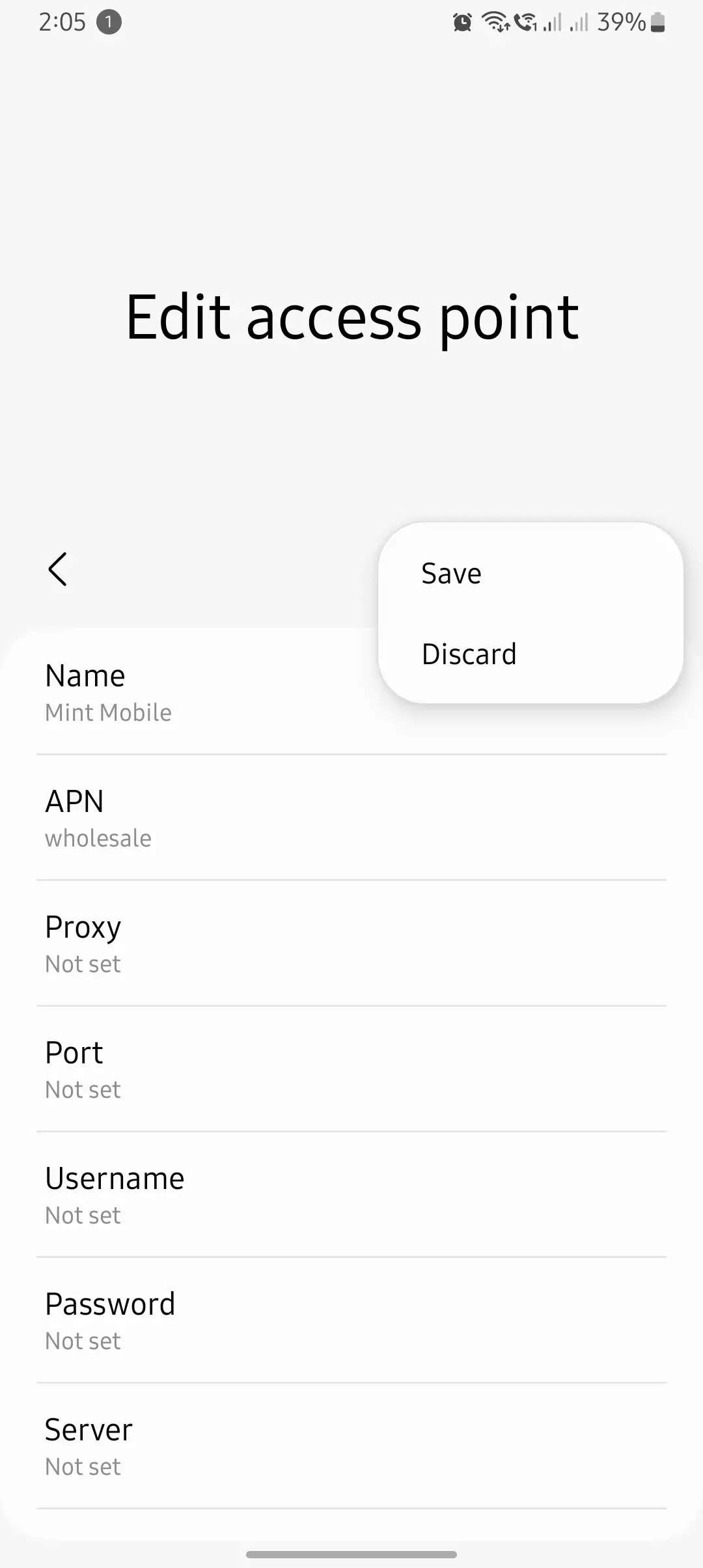 screenshot of save discard apn for mint mobile network