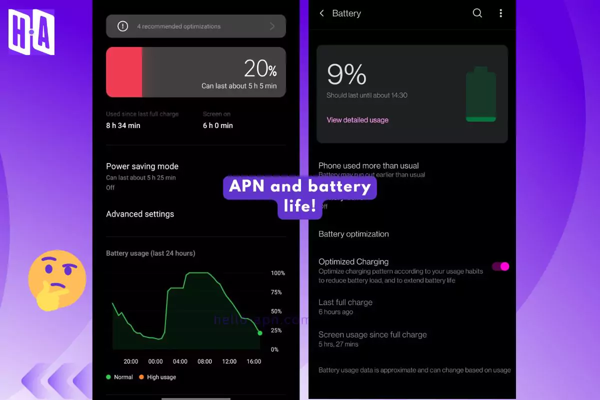 two image of phone battery life and impacts due to internet configurations