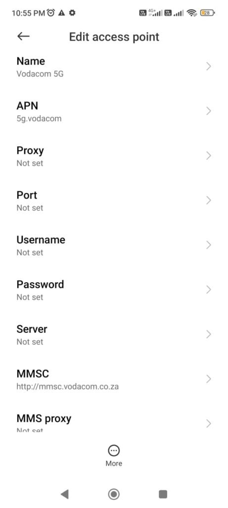 access point names settings with vodacom apn