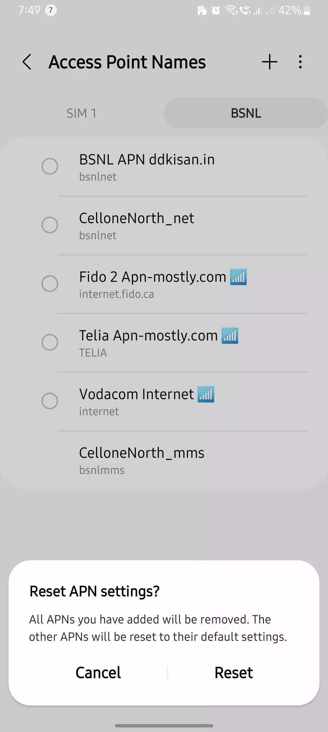 all apns you have added will be removed. The other APNs will be reset to their default settings popup