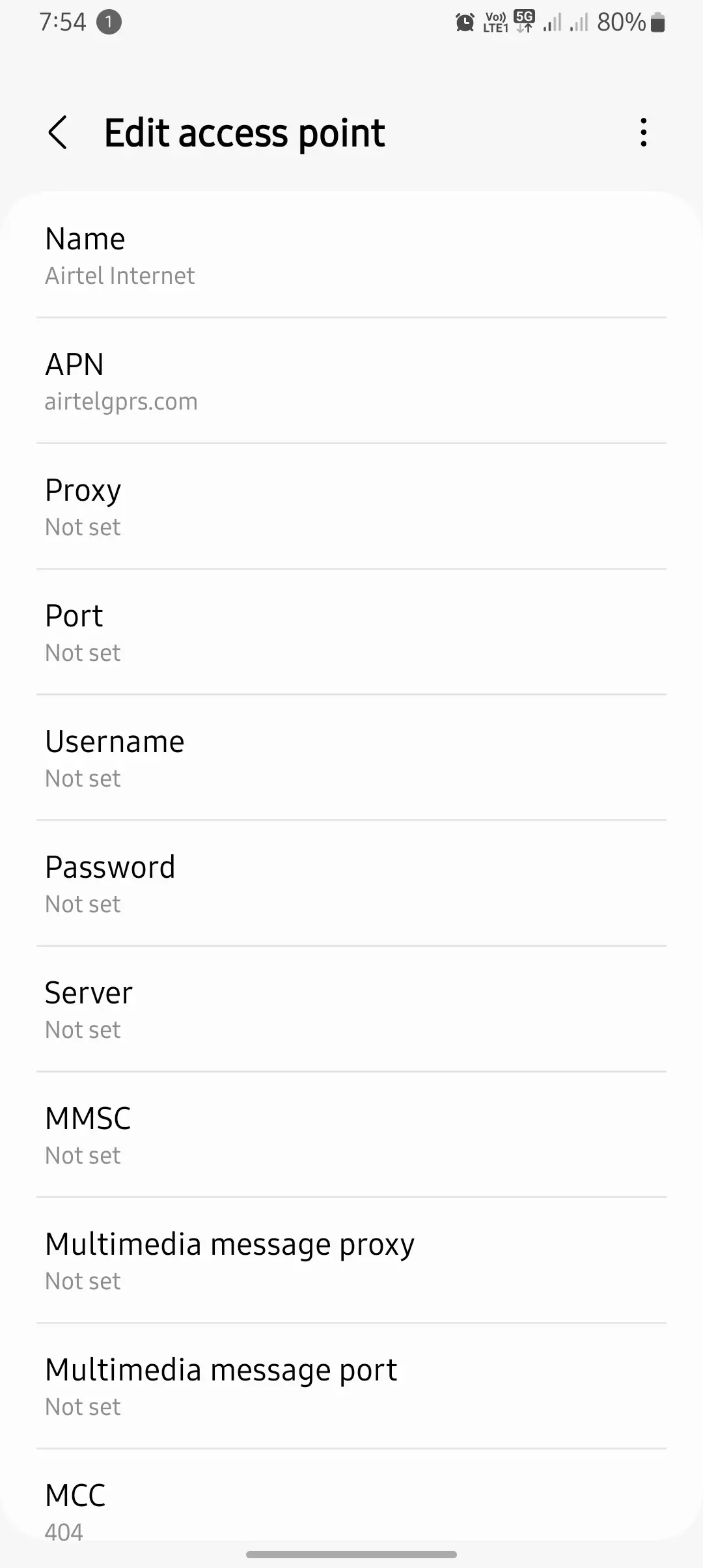 main page of airtel apn config