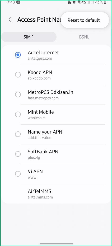 reset to default from access point name menu