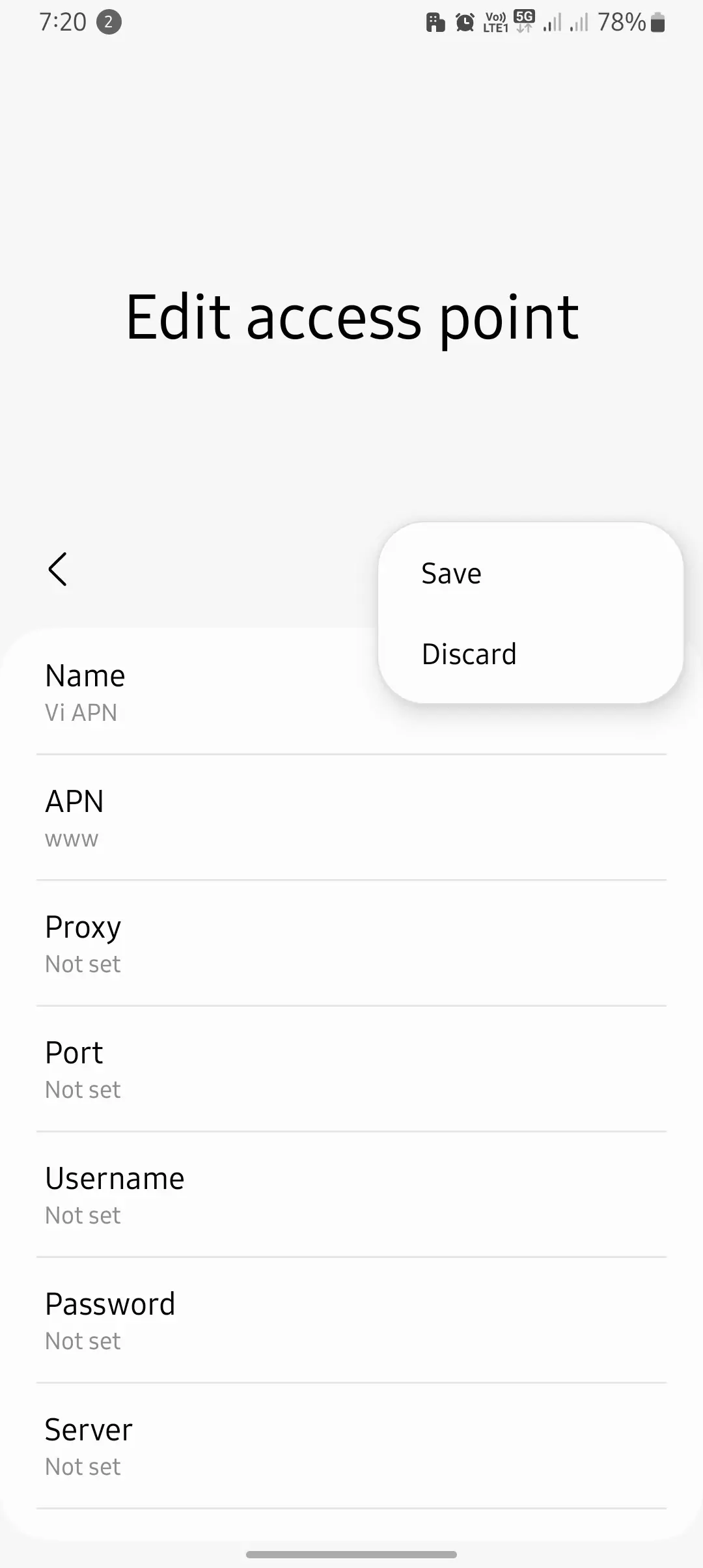 save and discard options for Vi APN