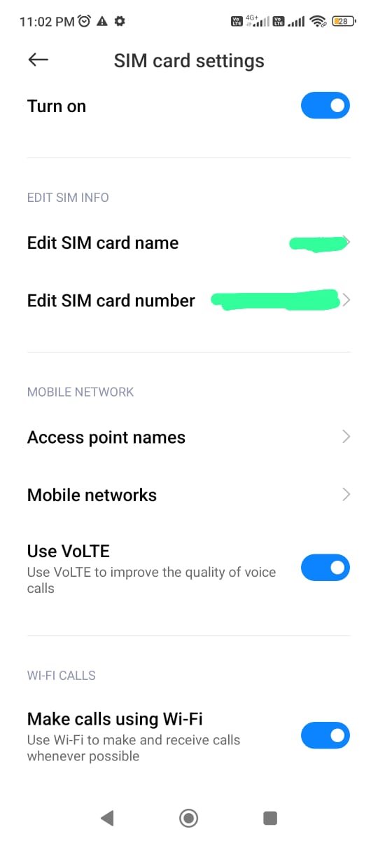 screenshot of the sim card settings