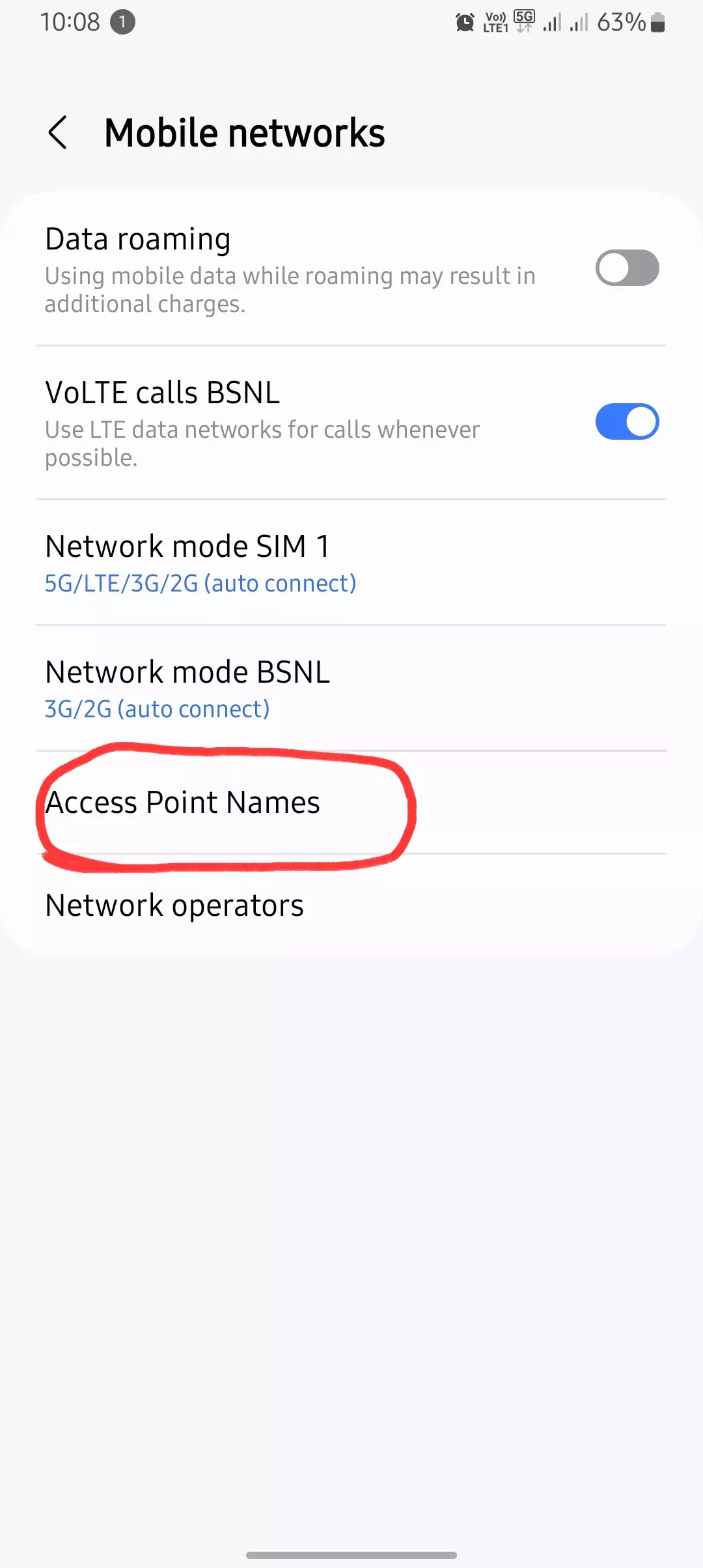 screenshot of access point names from mobile network samsung