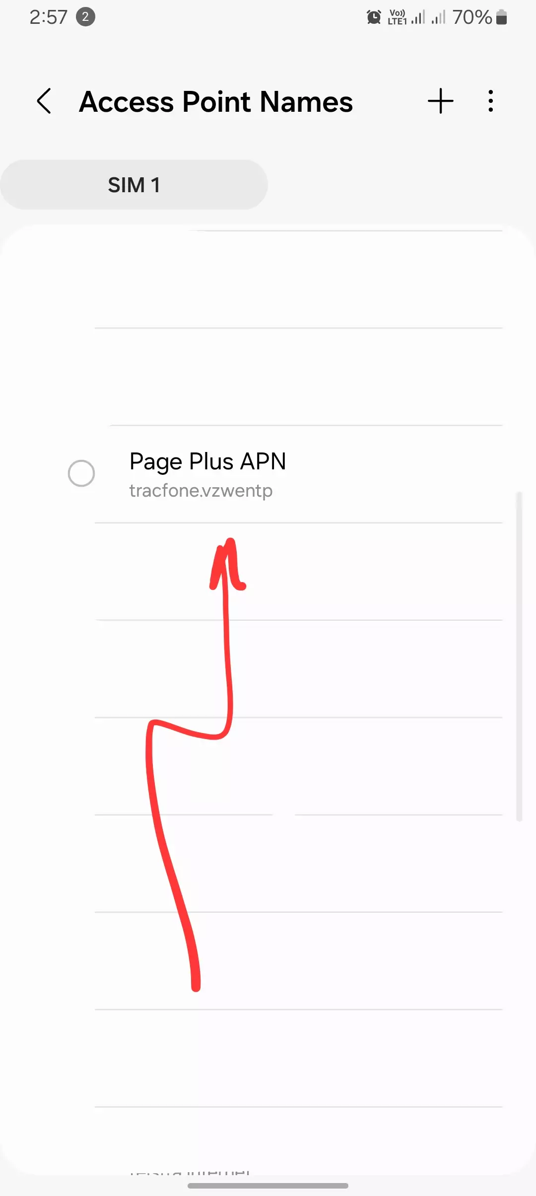 screenshot of access point names settings with page plus in the list