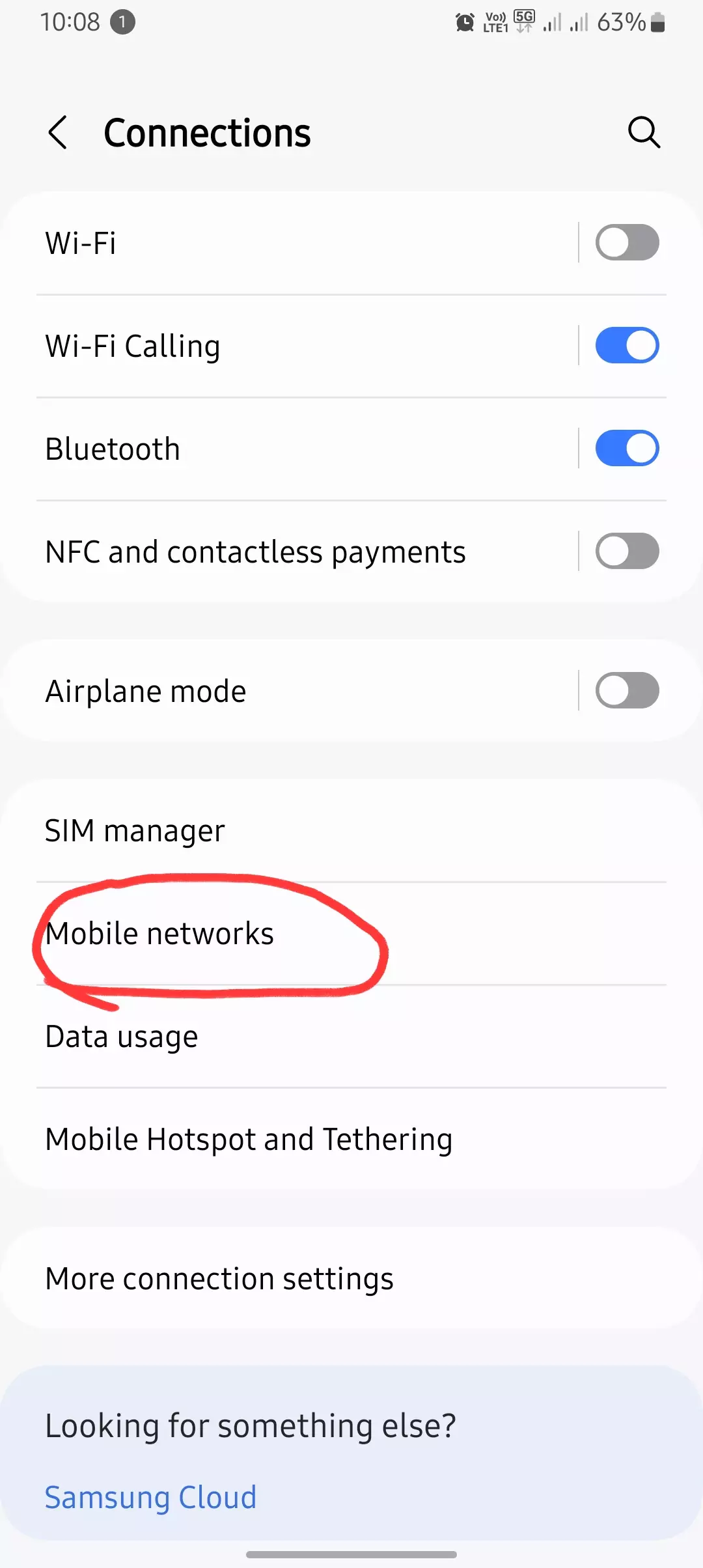 screenshot of mobile network from samsung connections