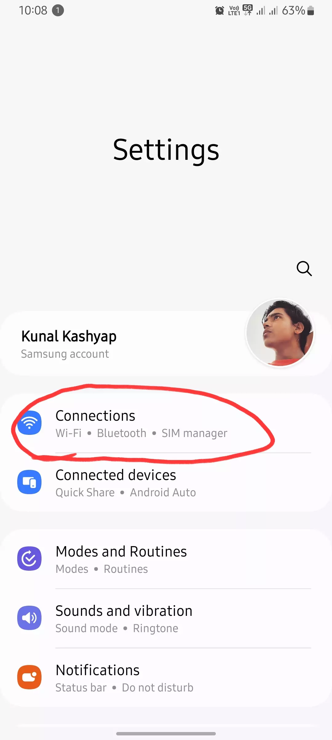 screenshot of samsung connections settings