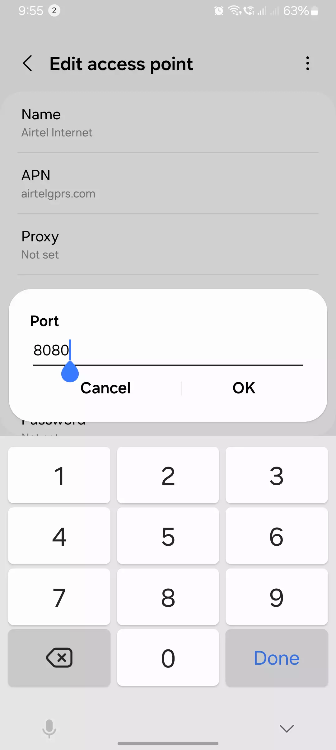 screenshot of the adding the Port value into APN